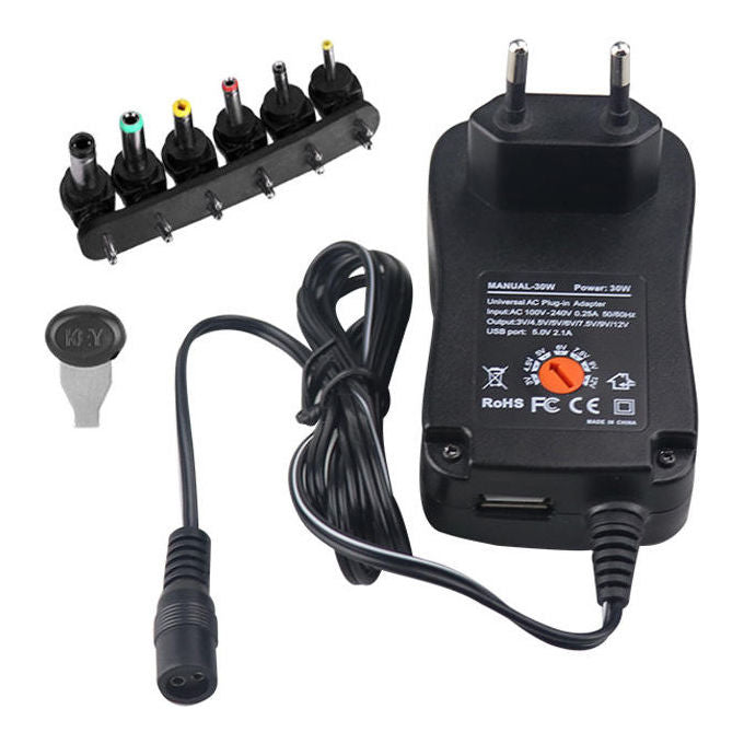 Link LK1230W Alimentatore Universale Multispina 3-12V 30W con Porta USB 5V 2.1A 6 Spine Intercambiabili