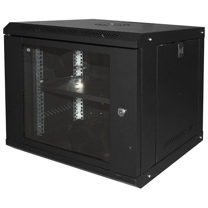 Link LK1909UNL Serie Light Armadio Rack 19'' 9U da Parete Porta Vetro Temprato 30 Kg Ripiano Incluso colore Nero