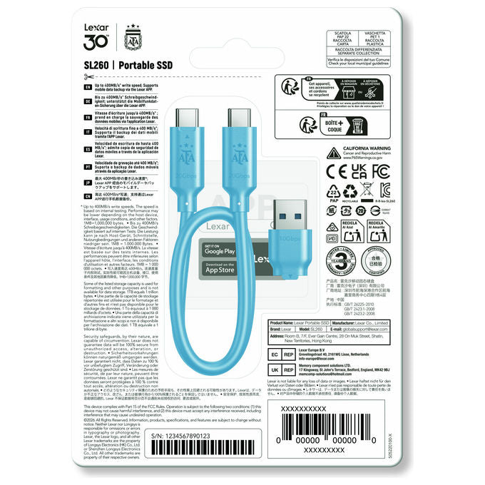 Lexar LSL260X512G-BNXNG SL260 SSD Portatile Esterno 512 GB USB-C Fino a 550 MB-s di Lettura colore Bianco e Blu