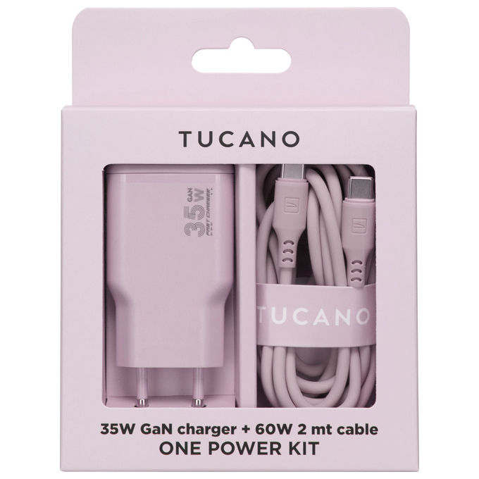 Tucano MA-ONEPOWKIT-PK ONE POWER KIT Caricabatterie GaN 35W con Cavo USB-C 60W 2m colore Rosa