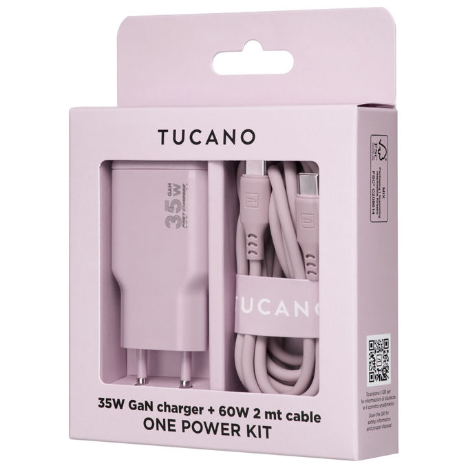 Tucano MA-ONEPOWKIT-PK ONE POWER KIT Caricabatterie GaN 35W con Cavo USB-C 60W 2m colore Rosa