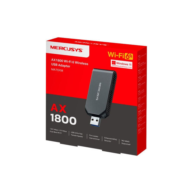 Mercusys MA70XM Adattatore USB Wi-Fi 6 AX1800 Dual Band 1201 Mbps USB 3.0 MU-MIMO WPA3 colore Nero