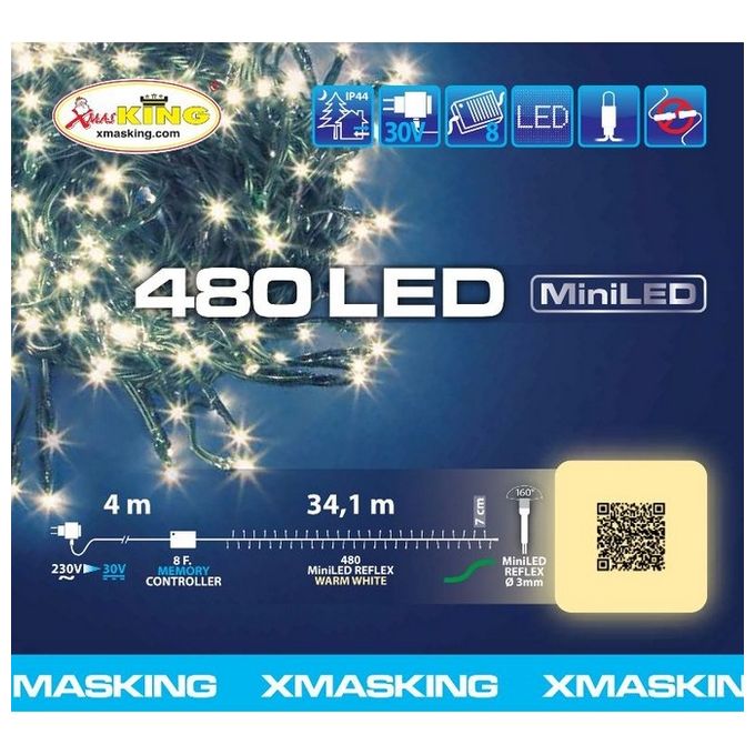 Lotti HJ30PNK-480-WW-DC44 Catena Luminosa MiniLED Esterno 480 LED 34,1 m 7,20 W IP44 8 Giochi di Luce Memory Controller colore Bianco Caldo