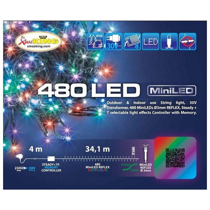 XMASKING HJ30PNK-480-M-DC44 Catena LED 480 MiniLED Multicolore 34 1 m con Controller 8 Giochi di Luce IP44 colore Verde