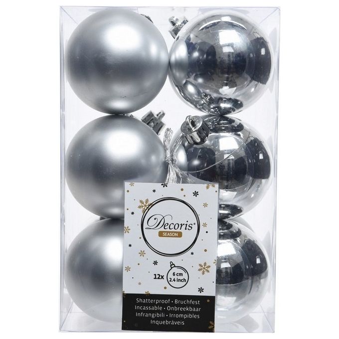Decoris 21831 Palline di Natale Infrangibili 12 Pezzi diametro 6 cm finitura lucida e opaca colore Argento