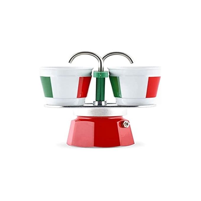 Bialetti 0007309-MR Mini Express Italia Caffettiera Moka 2 tazze 90 ml con 2 Tazzine in Porcellana colore Rosso