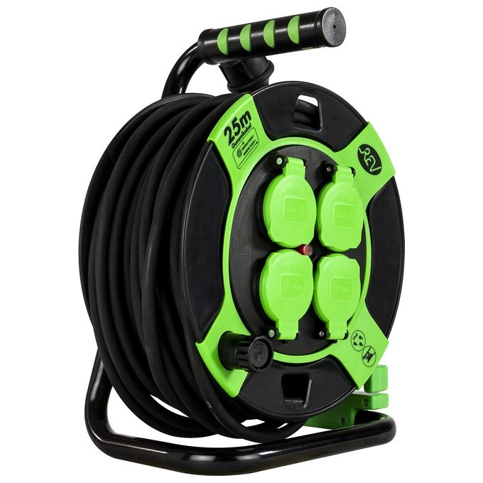 REV 0010215412 Prolunga Elettrica con Avvolgicavo 25 m 4 Prese IP44 3000 W colore Nero Verde