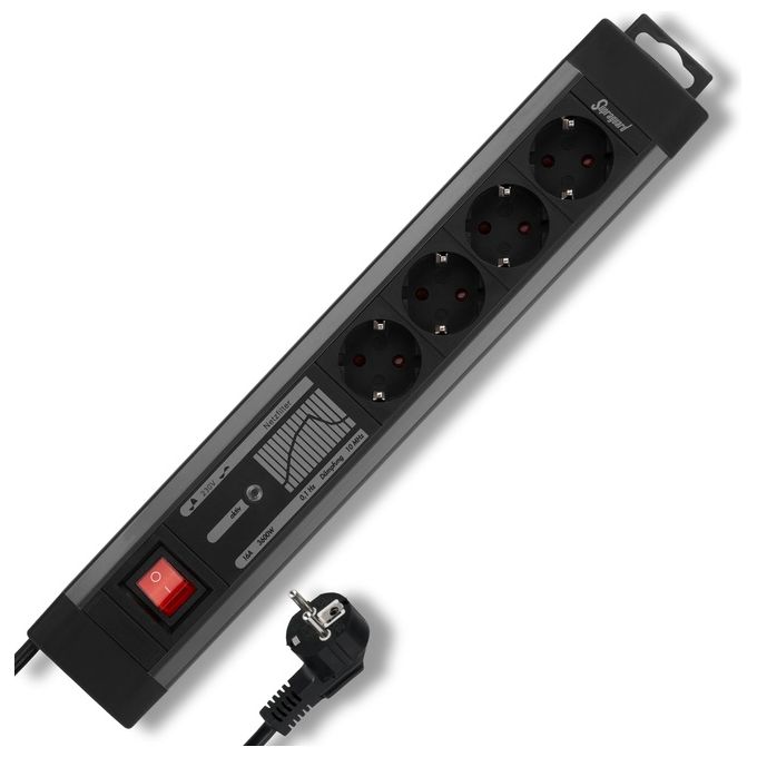 REV 0015462513 Supraguard Prolunga 4 Prese con Interruttore Illuminato Protezione da Sovratensione e Bambini Cavo 2,5 m colore Nero