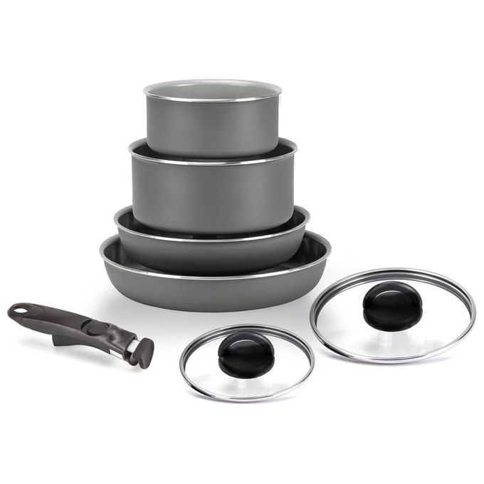 Moneta 0020996532 Melodia Finegres Minispace Batteria 7 pezzi con rivestimento naturale FineGres antiaderente senza PFAS PTFE PFOA Nichel metalli pesanti fondo adatto a tutti i fuochi inclusa induzione manico removibile lavabile in lavastoviglie 100% Made