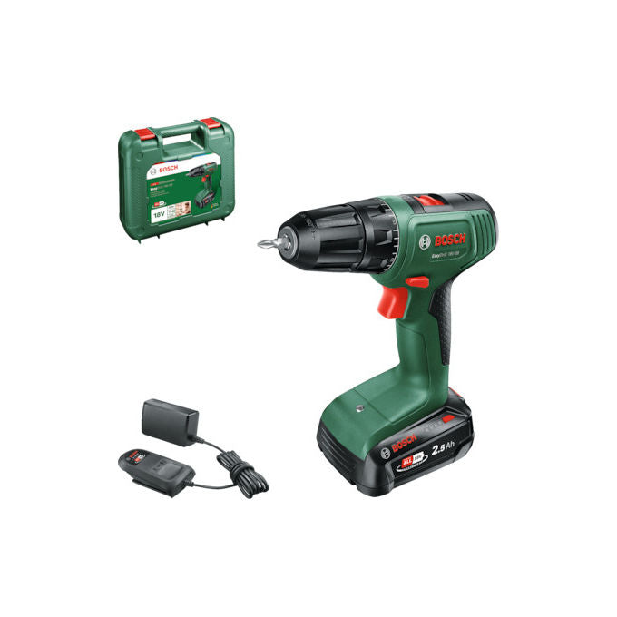 Bosch 0615A5008K EasyDrill 18V-38 Trapano avvitatore a batteria 18 V 38 Nm con illuminazione inversione di marcia 1x batteria 2,5 Ah Li-Ion caricabatterie valigetta colore Nero