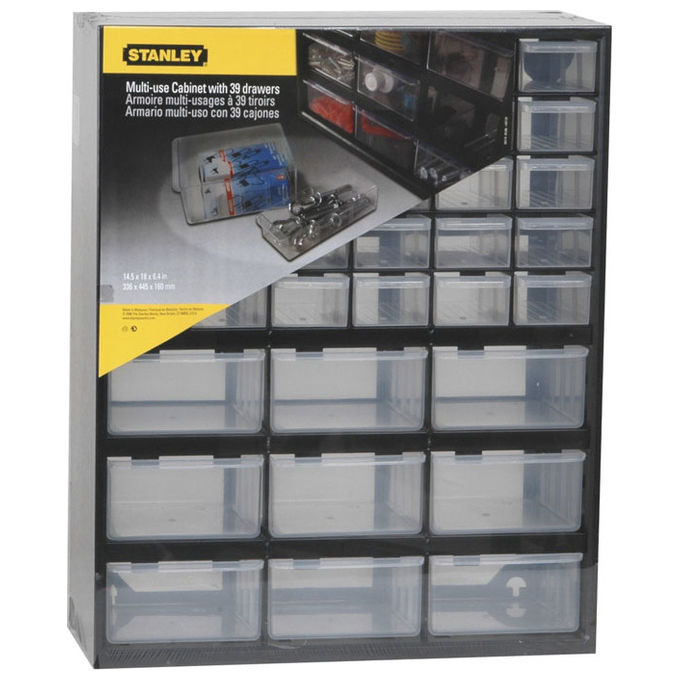 Stanley 1-93-981 Cassetta Multiuso con 39 Cassetti Trasparenti e Resistenti Impilabile e Montabile a Parete Dimensioni 13,23x6,3x17,52 cm colore Nero