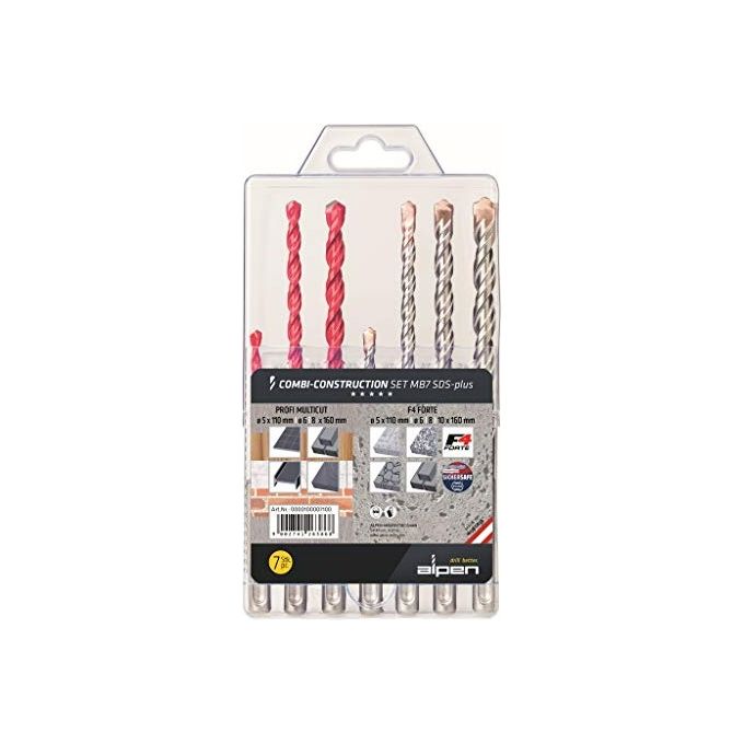Alpen 100007100 SDS-Plus MB7 Set Punte per Trapano Universali 7 pz F4 Forte Multicut per Cemento Muratura Metallo Legno
