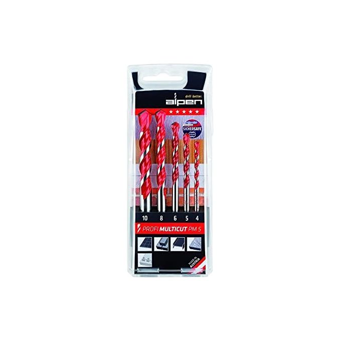 Alpen 09083830 Profi Multicut PM5 Set 5 Punte per Trapano Universali HM TiN 4-10 mm Codolo Cilindrico Legno Metallo Piastrelle