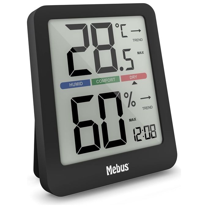 Mebus 11115 Termometro Igrometro Digitale da Interno display retroilluminato indicatore comfort funzione Min Max visualizzazione orario colore Nero