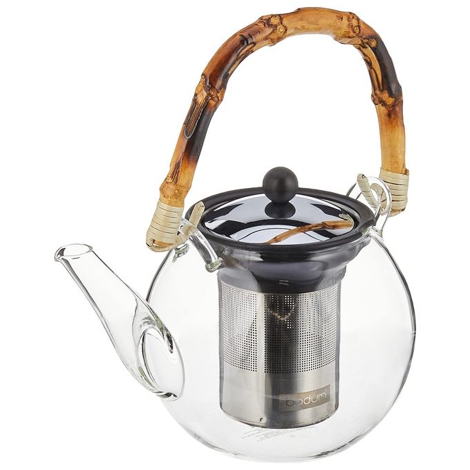 Bodum 11806-139 Assam Teiera a Pressione in Vetro Borosilicato 1 Litro con Filtro in Acciaio Inox e Manico in Bambu' colore Trasparente Nero Bambu'