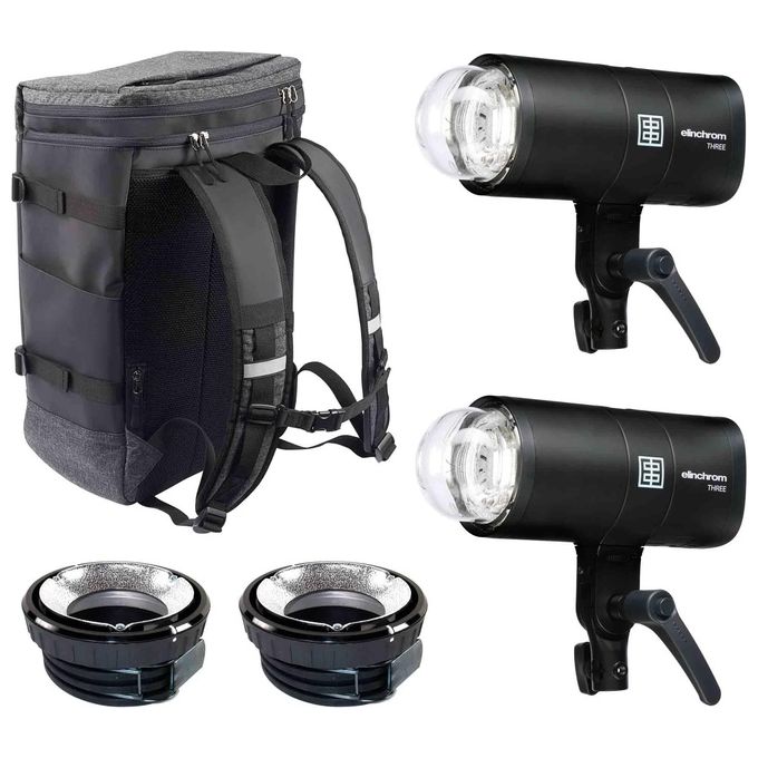 Elinchrom 827038 THREE Kit Flash Dual Off-Camera 261 Ws Batteria Integrata Li-Ion Ricarica USB-C Controllo Bluetooth Touchscreen colore Nero