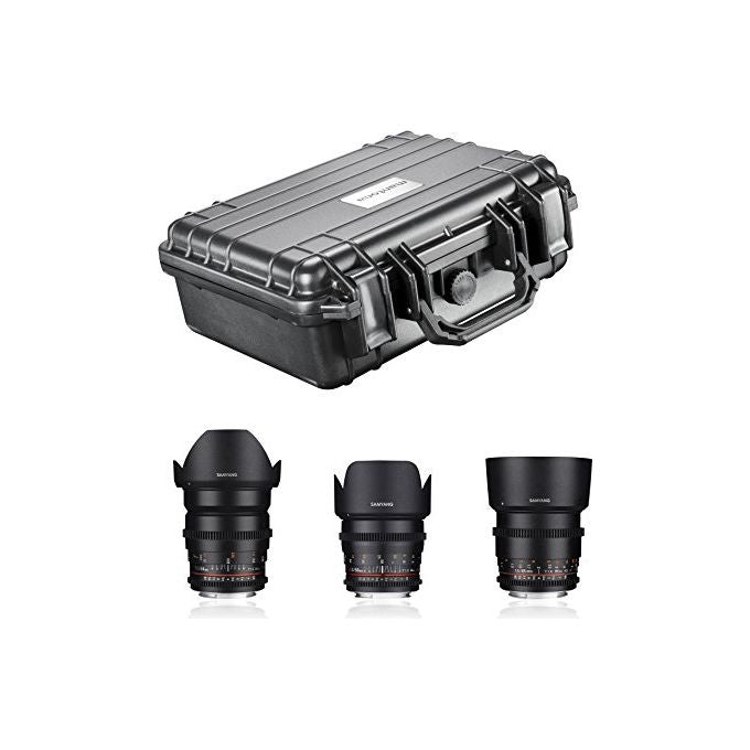 Samyang 4056929219869 Video DSLR Basic Set Obiettivi 24mm f-1.5 50mm f-1.5 85mm f-1.5 per Sony E con Custodia mantona colore Nero