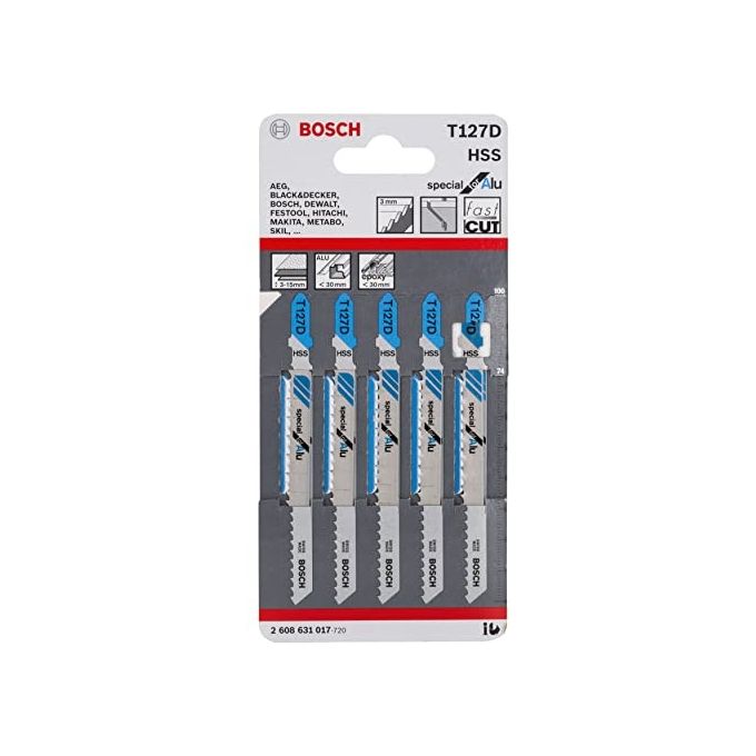 Bosch 2 608 631 017 T 127 D Lame per Seghetto Alternativo Special for Alu HSS 100 mm passo 3 mm conf 5 pz colore Blu Grigio
