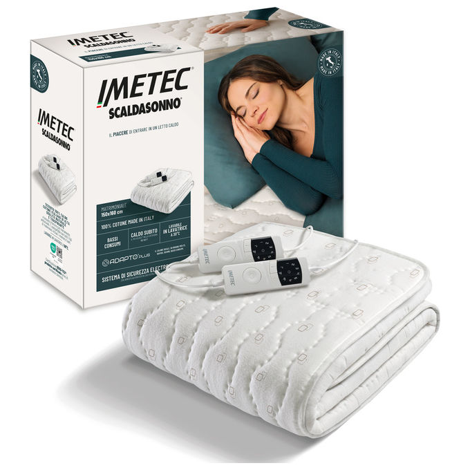 Imetec 26202 Scaldasonno Adapto Plus 100% Cotone Matrimoniale 160x150 cm 150 W 6 Temperature Autospegnimento 1 3 9 Ore ElectroBlock Bianco