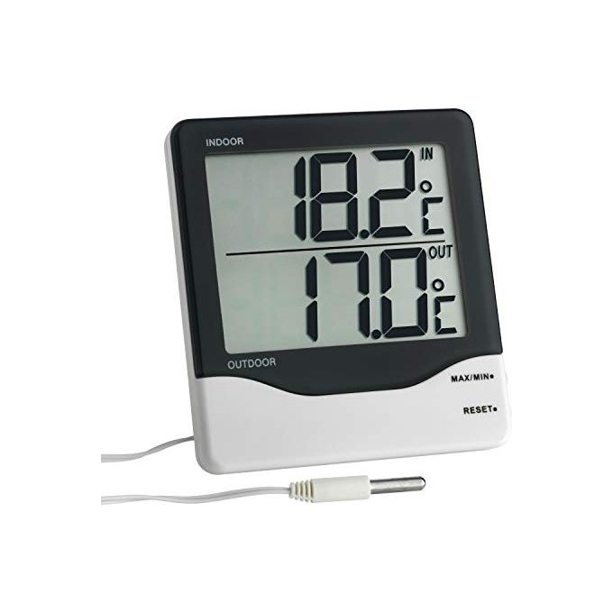 TFA 30.1011.K Termometro Digitale per Interni ed Esterni con Sensore di Cavo Lunghezza 300 cm Memoria Max Min Display Digitale Alimentazione Batteria AAA Inclusa colore Nero Bianco