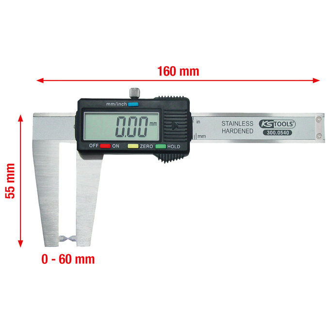KS TOOLS 300.0540 Calibro a corsoio digitale per dischi freno in acciaio inossidabile con display LCD e funzione blocco 0-60 mm colore Nero