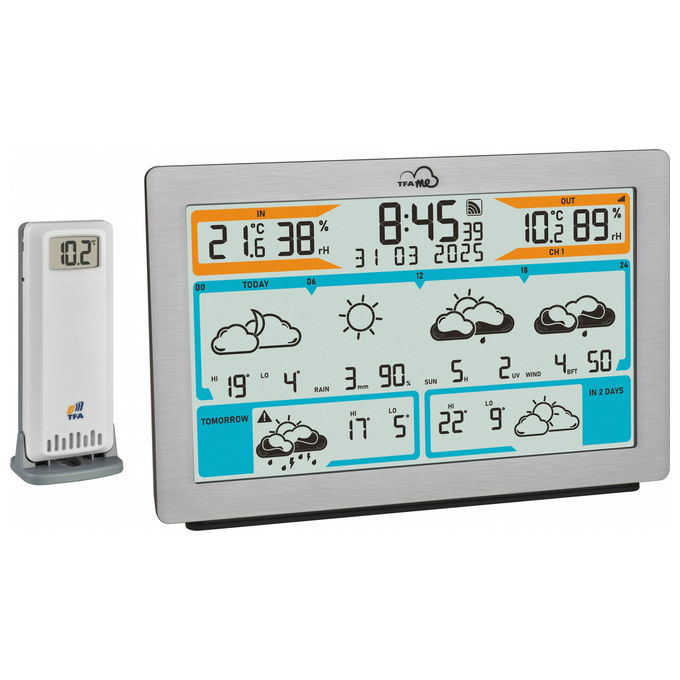 TFA-Dostmann 35.8100.54 TFA.me Stazione Meteorologica Wi-Fi con Previsioni del Tempo Anemometro Igrometro Termometro Esterno Interno UV Pioggia Direzione Vento colore Argento