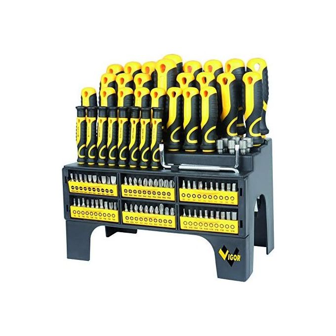 Vigor 38937-50 Serie Cacciaviti e Inserti 100 Pezzi CRV 23 Cacciaviti 60 Inserti 6 Chiavi HX Chiave Cricchetto