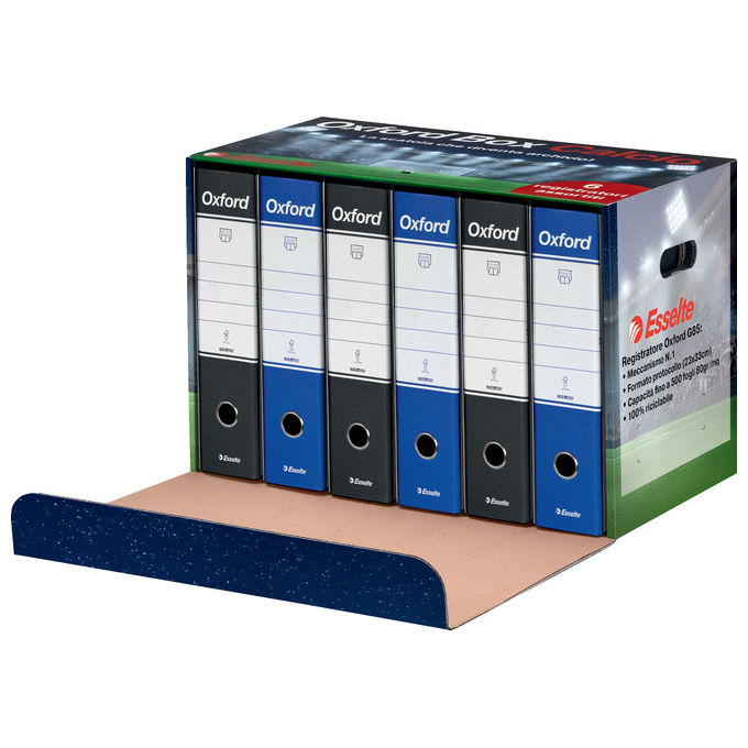 Esselte 390785116 OXFORD BOX CALCIO scatola archivio con 6 registratori G85 dorso 8 cm colore Nero Blu