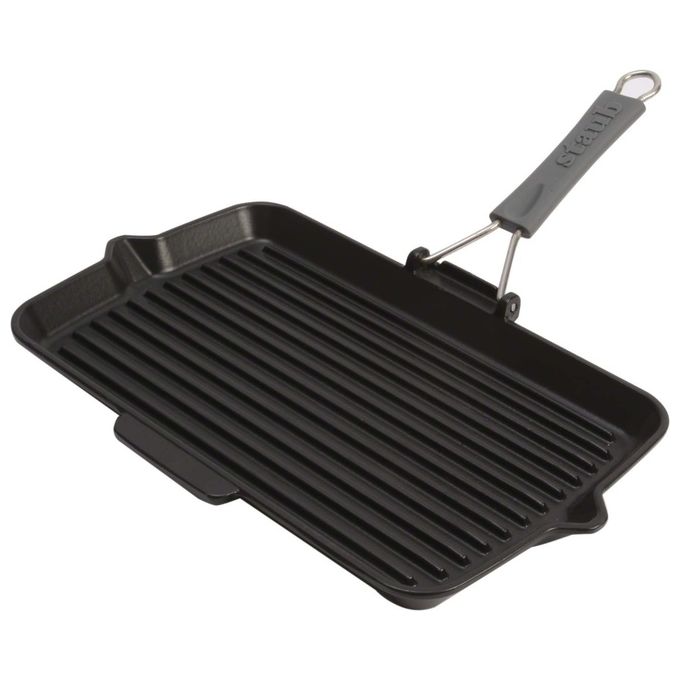 STAUB 1003960 Bistecchiera Rettangolare in Ghisa con Manico Pieghevole in Silicone Compatibile Induzione 34x21 cm colore Nero