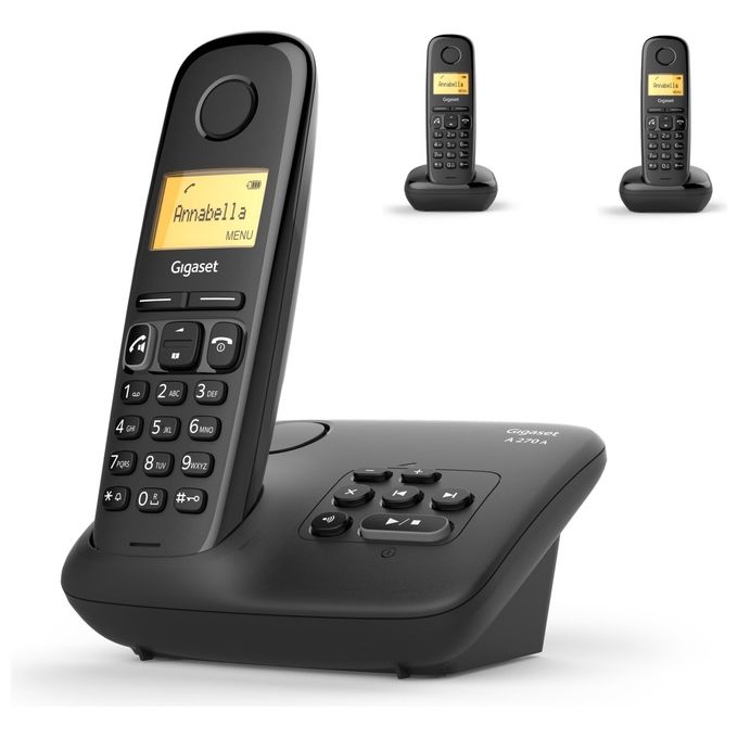 Gigaset 4250366850474 A270A Telefono Analogico DECT con Identificatore di Chiamata 3 Cornette Nero