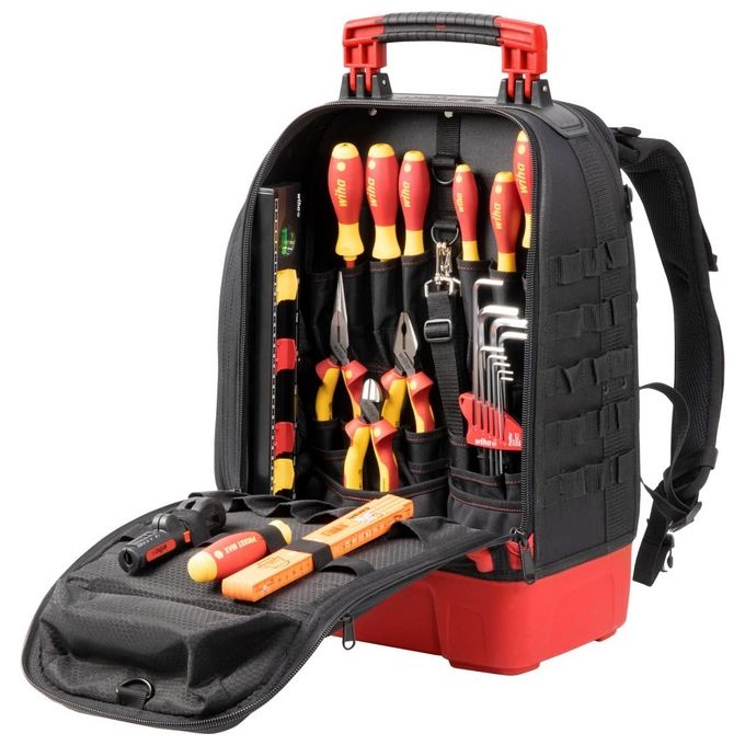Wiha 45528 Zaino Portautensili per Elettricisti 27 Pezzi con Comparto Laptop e Utensili VDE Certificati fino a 1000 V colore Nero