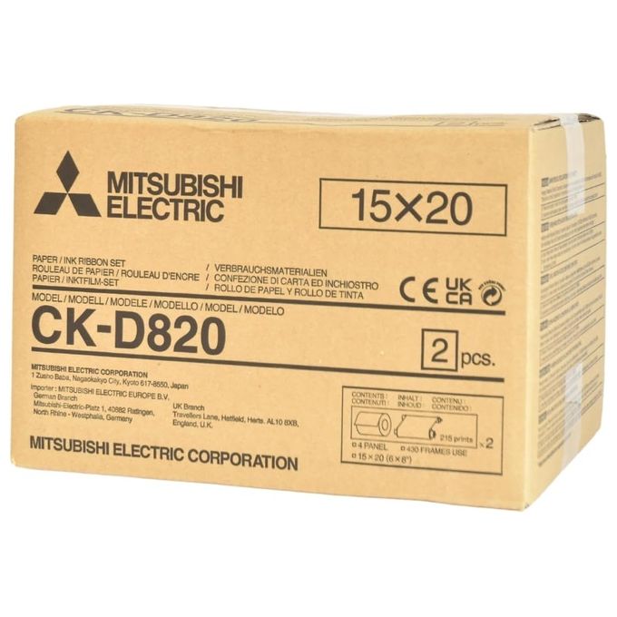 Mitsubishi CK-D820 Carta termica 10x15 cm 15x20 cm 2 rotoli 430 stampe 10x15 215 stampe 15x20 compatibile CP-D90DW-P CP-D80DW-S colore Nero