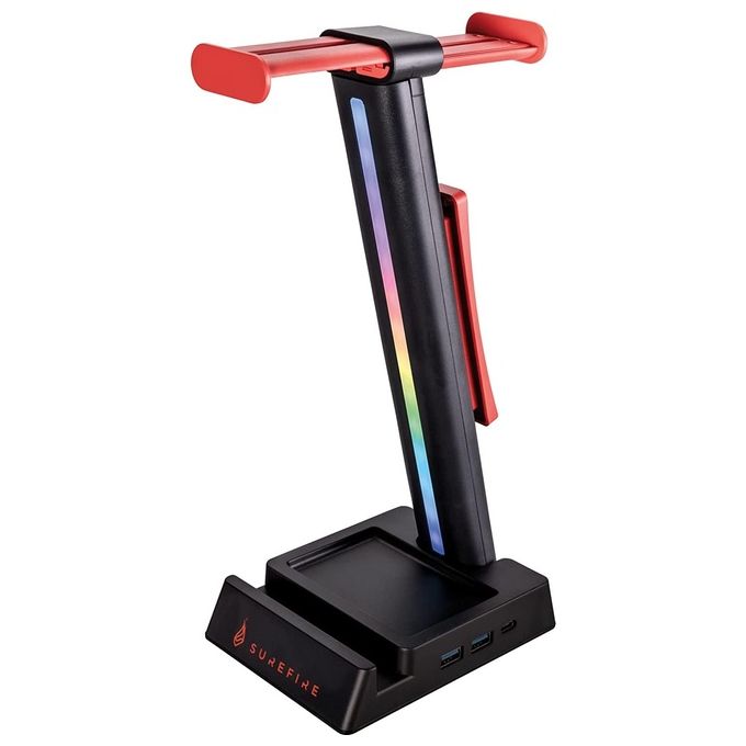 SureFire 48847 VINSON N2 Supporto per Cuffie con Hub USB RGB 2 Porte USB Tipo A e USB-C Uscita Audio 3.5 mm Gestione Cavi Colore Nero Rosso