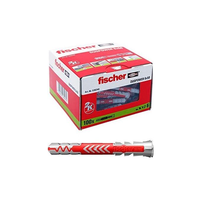 Fischer 538240 DUOPOWER Tassello Universale Bimateriale 6x50 mm 100 Pezzi colore Grigio