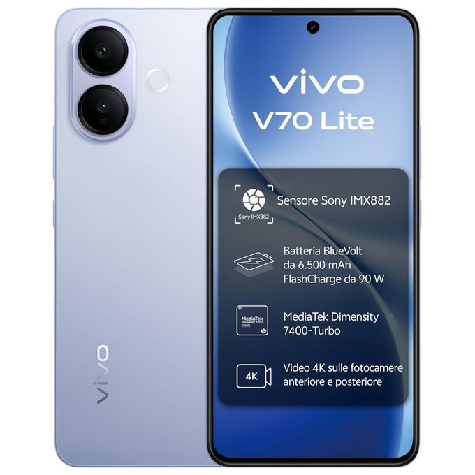 VIVO 5674787 V70 Lite 5G Smartphone 6GB 256GB Schermo 6.77 Pollici AMOLED Fotocamera 50 MP Batteria 6500 mAh Android 16.0 Blu colore Blu