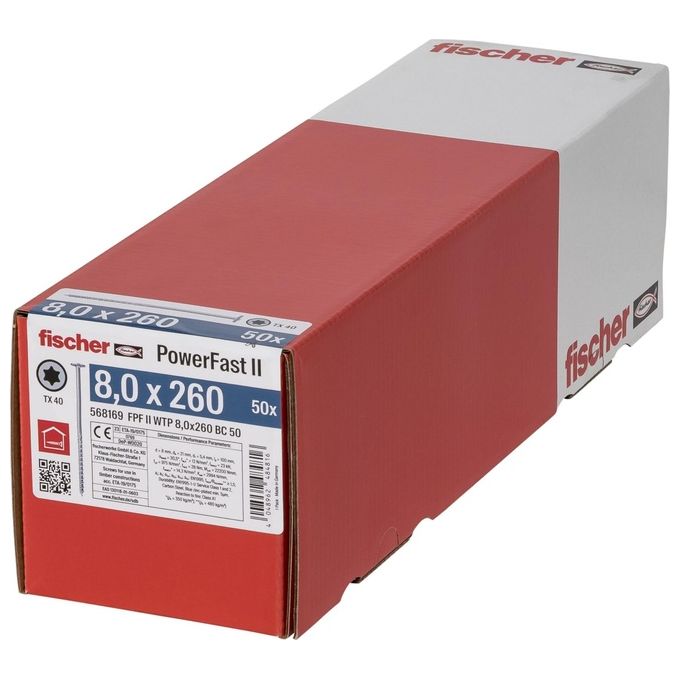 Fischer 568169 PowerFast FPF II WTP Vite per Costruzioni in Legno Diametro 8 mm Lunghezza 260 mm Filettatura Parziale Testa Flangiata Impronta TX40 Zincata Bianca colore Bianco