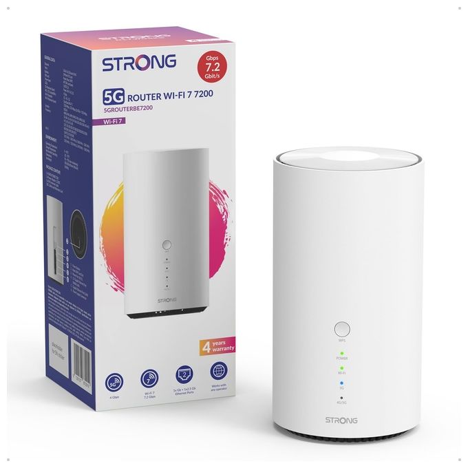Strong router 5G Wi-Fi 7, 7200 Mbps, dual band, MU-MIMO, porta SIM, 2 porte ethernet, mesh, Bianco