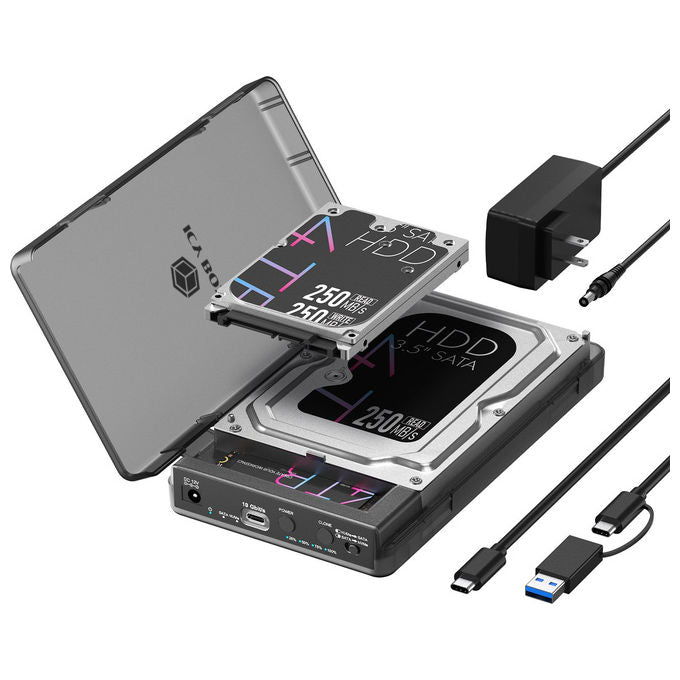 ICY BOX 61201 Spade Clone 3882 Docking Station e Stazione di Clonazione per SSD M.2 NVMe e HDD SSD SATA 2.5 3.5 USB C 3.2 Gen 2 10 Gbps Clonazione Offline HotSwap colore Nero