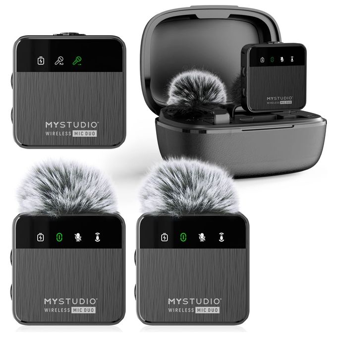 Easypix 62022 MyStudio Wireless Mic Duo Microfono Clip con Filtro Pop Compatibilita' USB-C e 3.5 mm Portata 150 m colore Nero
