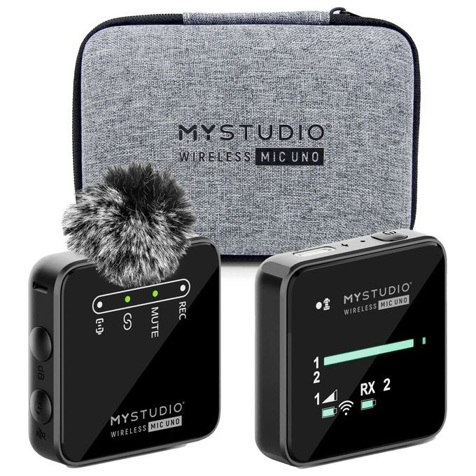 MyStudio 62023 Wireless MIC UNO Microfono Lavalier Wireless 2.4 GHz Portata 100 m Compatibile Smartphone e Fotocamere con Custodia Rigida colore Nero
