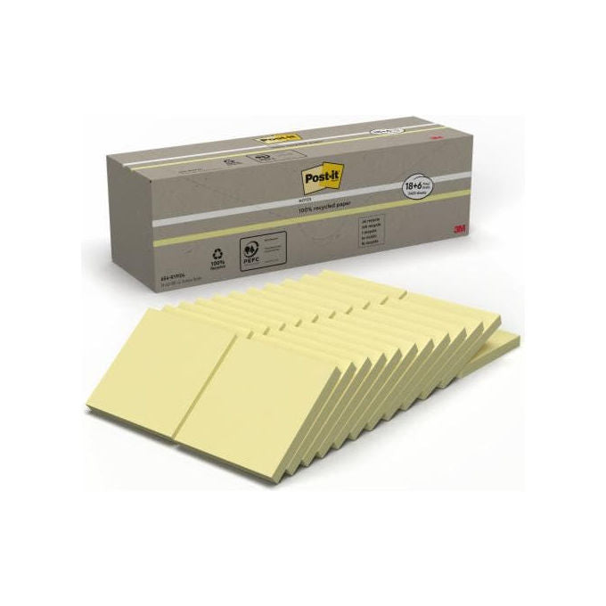 Post-It 654-RYP24 Value Pack Blocchi Adesivi in Carta Riciclata 100 Fogli 76x76 mm colore Giallo