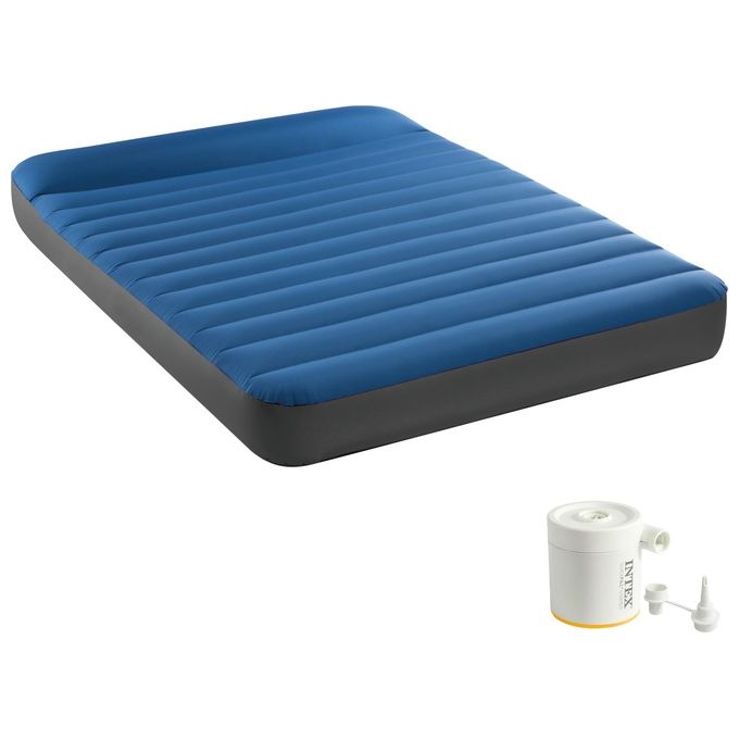 Intex 64012 Dura-Beam Materasso Gonfiabile Camping Piazza e Mezza TPU Fiber-Tech 137x191x22 cm Pompa QuickFill USB150 colore Blu