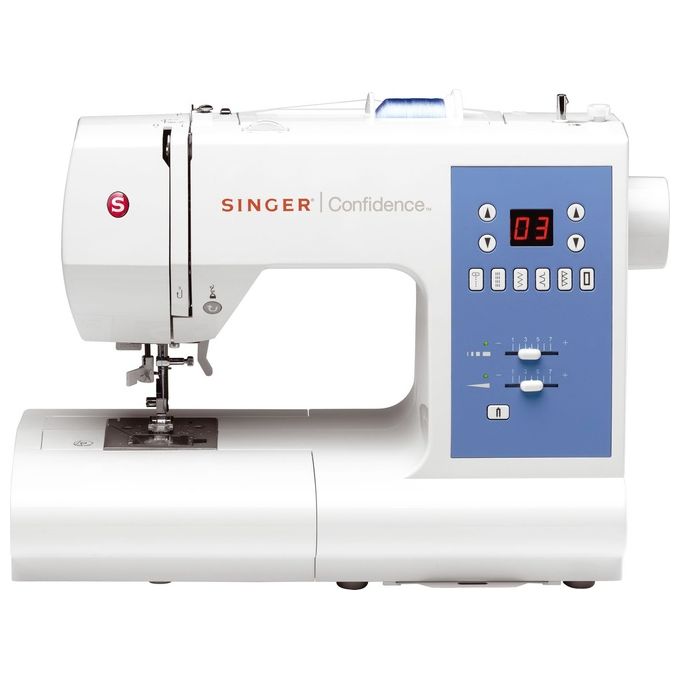 SINGER 7465D Confidence Macchina da Cucire Computerizzata 50 Punti 6 Programmi Principali Braccio Libero Infila Ago Automatico Bobina Drop and Sew Luce LED Integrata colore Bianco e Blu