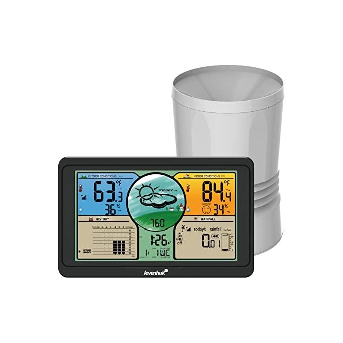 Levenhuk LP70 Wezzer PLUS Stazione Meteo Multifunzione Digitale Wireless con Sensore Remoto Pluviometro Display a Colori Barometro Termometro Igrometro Sveglia colore Nero