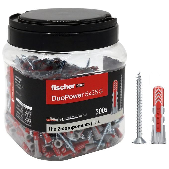 Fischer 572884 DuoPower Tassello con Vite Universale Bimateriale 5x25 mm 300 Pezzi colore Grigio