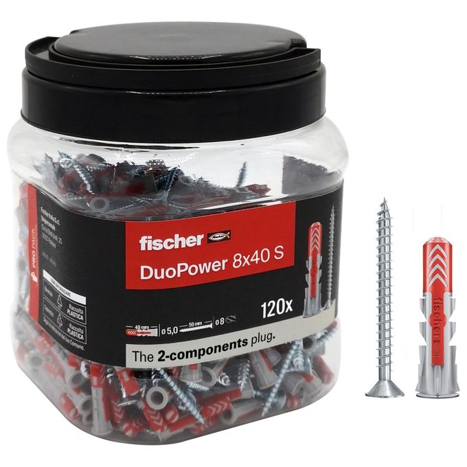 Fischer 572886 DuoPower Tassello con Vite 8 mm 40 mm con Barattolo Riutilizzabile colore Grigio e Rosso