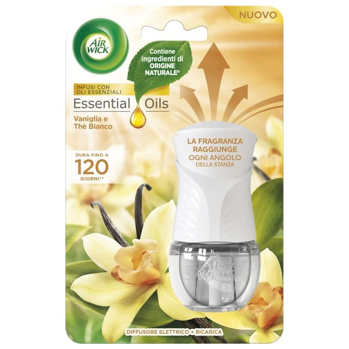 Air Wick 0442161 Kit Diffusore Elettrico Oli Essenziali Vaniglia e Te' Bianco con Ricarica 19ml 5 Intensita' colore Bianco