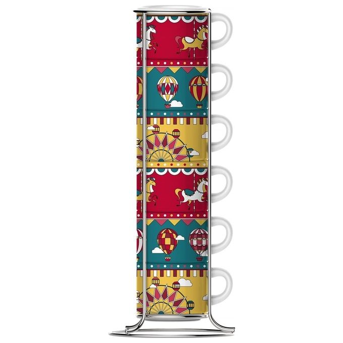 Bialetti NGD24003 Winter Wonderland Set 6 Tazzine Espresso Impilabili in Porcellana 80 ml con Stendino colore Multicolore