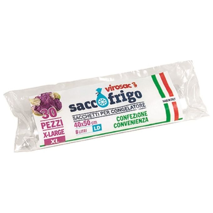 Virosac 9575530 Sacchetti per Congelatore X-Large 30 pz 40x50 cm 8 Litri LD-PE Trasparente Chiusura con Laccetto