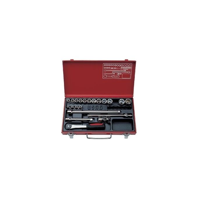 USAG U06130020 613 N 3-8 Kit Chiavi a Bussola con Cricchetto 22 Pezzi contenuto 16 bussole poligonali mm 6-22 2 prolunghe 1 cricchetto reversibile 1 leva a T 1 snodo cardanico colore Acciaio